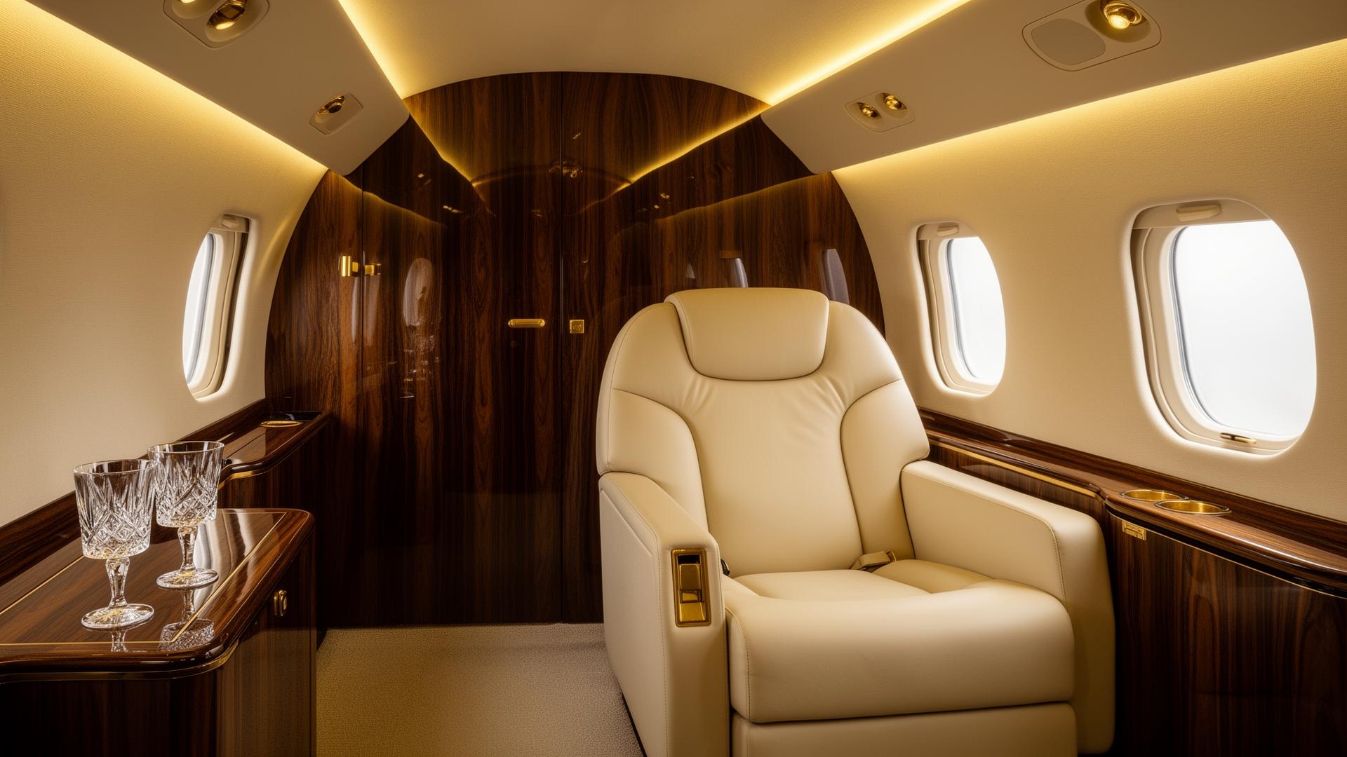 Private jet cabin interior with cream leather and gold accents